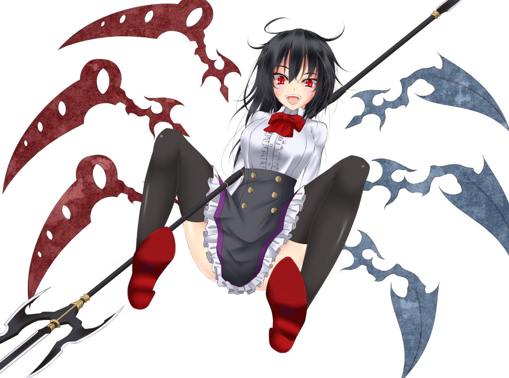 alternate_costume asymmetrical_hair asymmetrical_wings black_hair black_legwear black_skirt bow bowtie breasts dress_shirt gmot houjuu_nue large_breasts long_sleeves meme_attire open_mouth polearm red_eyes shirt skirt solo spread_legs thighhighs touhou trident underbust virgin_killer_outfit weapon white_background wings