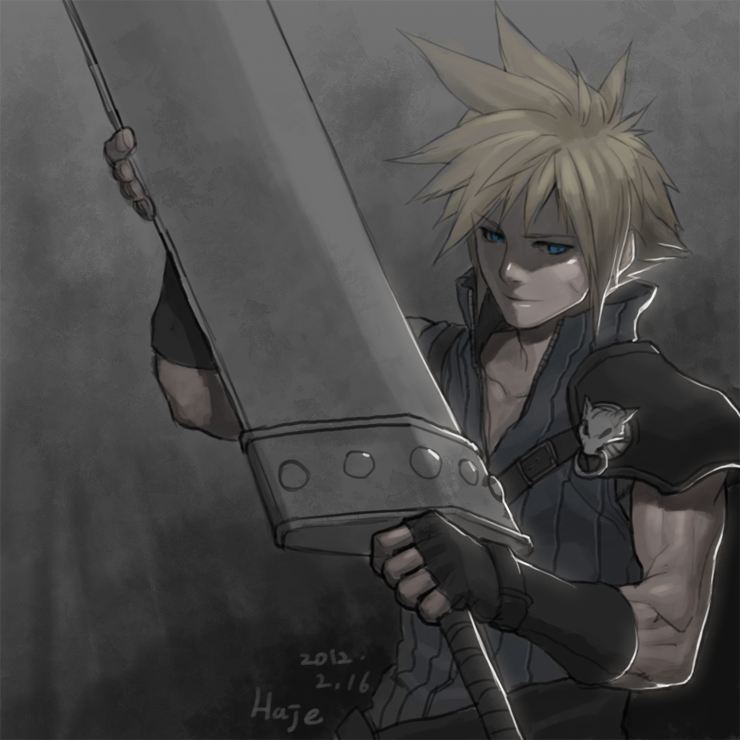 2012 artist_name black_gloves blonde_hair blue_eyes buster_sword cloud_strife dated facial_scar final_fantasy final_fantasy_vii final_fantasy_vii_advent_children fingerless_gloves gloves haje holding holding_sword holding_weapon male_focus muscle scar scar_on_cheek shoulder_pads signature solo sword upper_body weapon