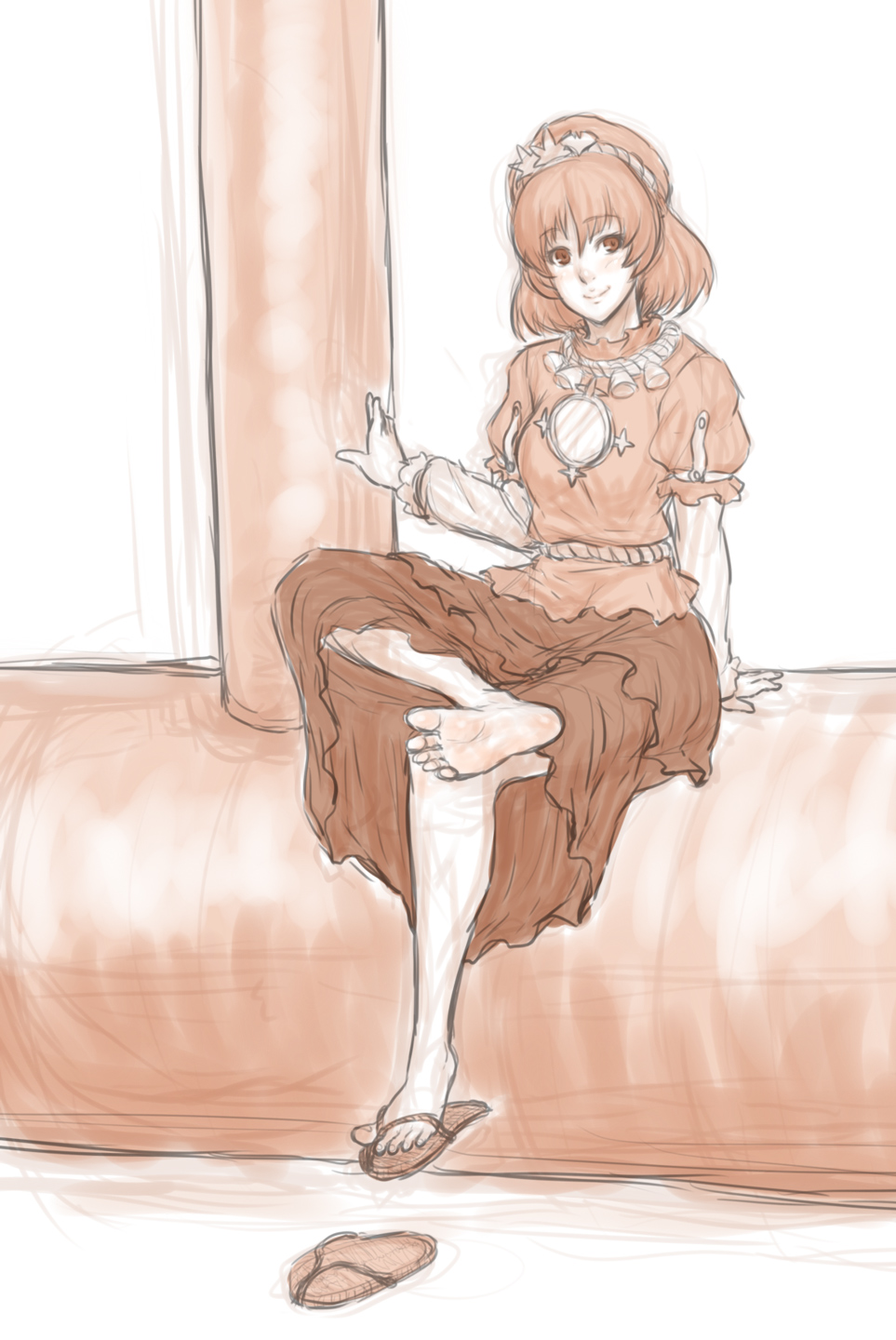 arm_support barefoot blush feet full_body hair_ornament highres kuro_suto_sukii leaf_hair_ornament leg_up looking_at_viewer monochrome rope sandals sandals_removed shoes short_hair single_shoe sitting skirt smile soles solo toes touhou white_background yasaka_kanako