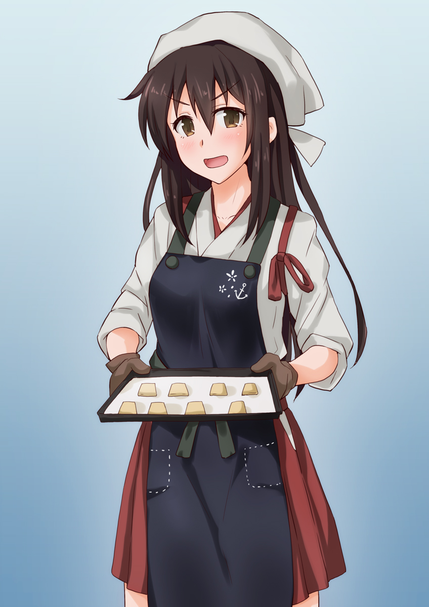 &gt;:d 1girl akagi_(kantai_collection) alfort_(brand) anti_(untea9) apron blue_background brown_eyes brown_gloves brown_hair commentary_request cowboy_shot gloves gradient gradient_background hakama_skirt highres holding holding_tray japanese_clothes kantai_collection long_hair looking_at_viewer red_skirt simple_background skirt solo straight_hair tasuki tray valentine you're_doing_it_wrong