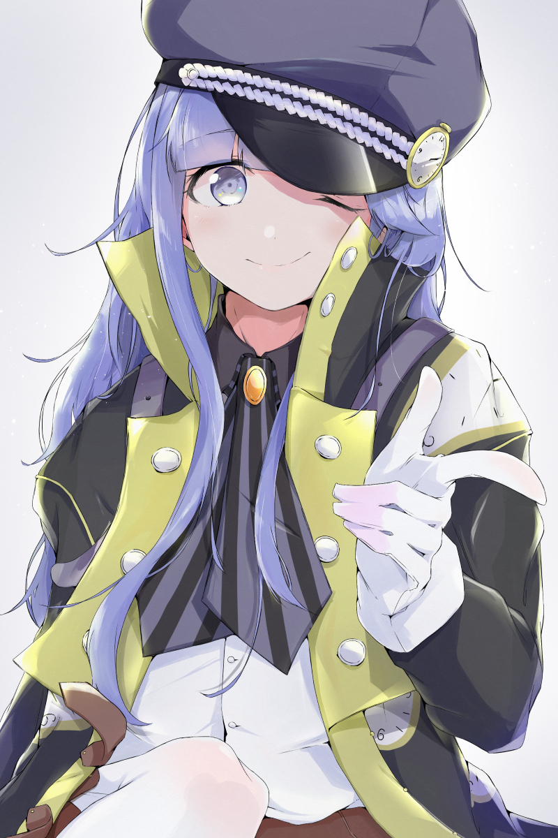 1girl asari_nanami black_hat blue_eyes blue_hair cosplay dot_nose eyebrows_visible_through_hair gloves hair_ornament hat highres idolmaster idolmaster_cinderella_girls idolmaster_side-m jacket koron_chris koron_chris_(cosplay) long_hair long_sleeves looking_at_viewer multicolored multicolored_clothes multicolored_jacket necktie okuzashiki one_eye_closed pointing pointing_at_viewer shirt simple_background smile solo two-tone_neckwear watch white_background white_gloves white_shirt