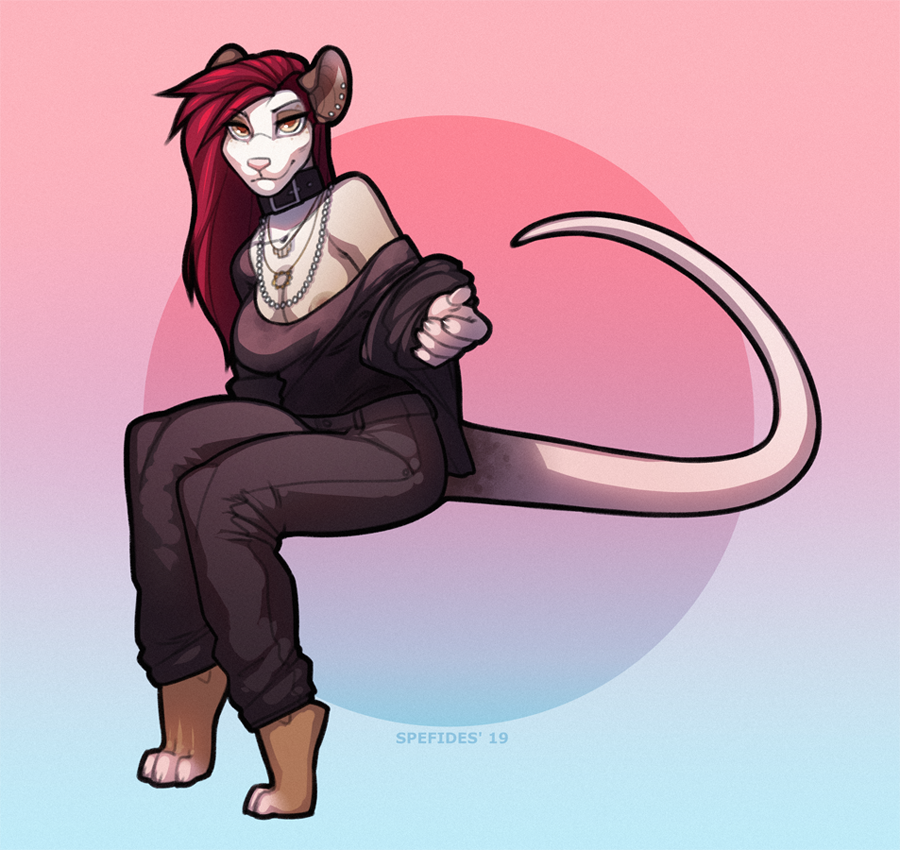 2019 anthro big_ears big_tail breasts cleavage clothed clothing collar digital_media_(artwork) female hair invalid_tag jewelry long_sleeves long_tail looking_at_viewer mammal marsupial necklace nipple_slip off_shoulder outstretched_hand pants phalangeriform red_hair shirt sitting sly smile smirk solo spefides swept_bangs