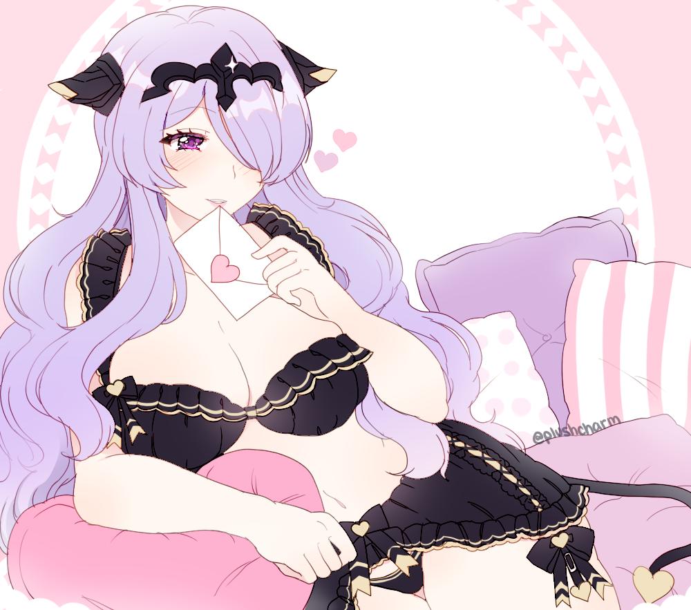 1girl breasts camilla_(fire_emblem_if) cleavage envelope fire_emblem fire_emblem_if hair_over_one_eye heart holding_envelope large_breasts long_hair nintendo parted_lips pillow plushcharm purple_eyes purple_hair solo tiara twitter_username