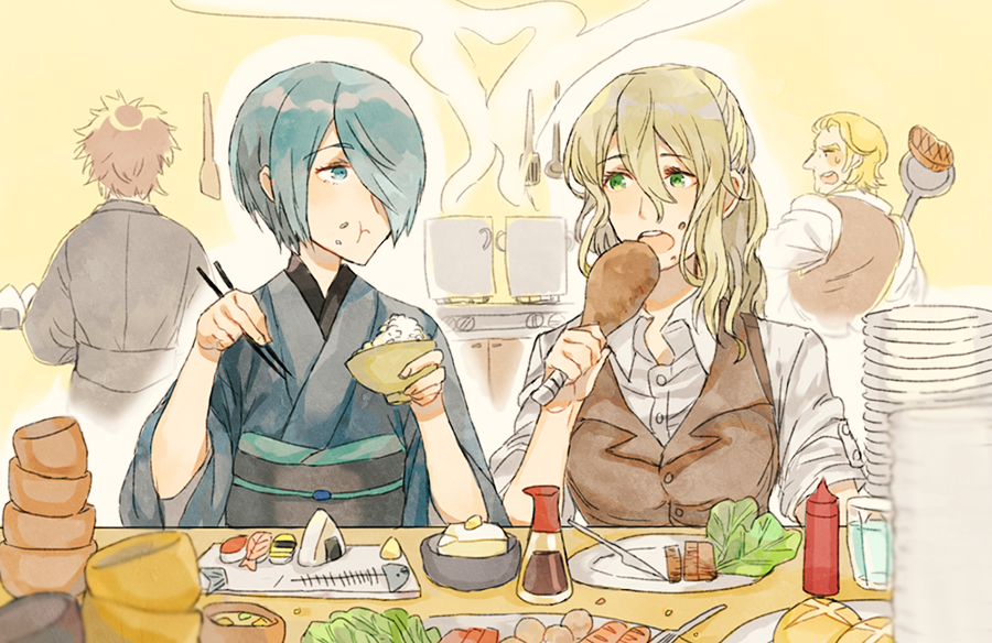 2girls alternate_costume asama_(fire_emblem_if) back blonde_hair blue_eyes blue_hair brown_hair chicken_(food) cooking eating elfi_(fire_emblem_if) fire_emblem fire_emblem_if food green_eyes hair_between_eyes hair_over_one_eye harold_(fire_emblem_if) japanese_clothes kimono long_hair multiple_boys multiple_girls onigiri open_mouth rice setsuna_(fire_emblem_if) shourou_kanna simple_background teeth yellow_background