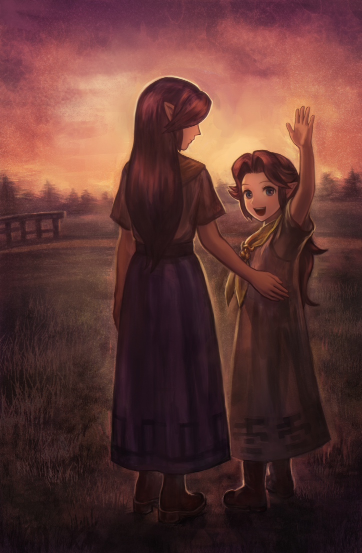 :d arm_up bad_id bad_pixiv_id blurry boots brown_hair commentary cremia dark depth_of_field dress field from_behind grass long_hair long_skirt looking_back looking_to_the_side multiple_girls okakan open_mouth pointy_ears romani_(zelda) scenery siblings sisters skirt sky smile sunset the_legend_of_zelda the_legend_of_zelda:_majora's_mask tree walking waving