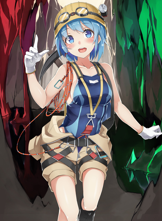 :d blue_eyes blue_hair blue_swimsuit breasts carabiner cave clothes_around_waist collarbone competition_swimsuit cowboy_shot flashlight gloves goggles goggles_on_head hair_ribbon hardhat harness helmet heroes_placement jumpsuit large_breasts nanahara_fuyuki one-piece_swimsuit open_clothes open_mouth pickaxe ribbon rope safety_belt short_hair short_jumpsuit shorts shorts_rolled_up smile solo swimsuit swimsuit_under_clothes tress_ribbon unzipped white_gloves