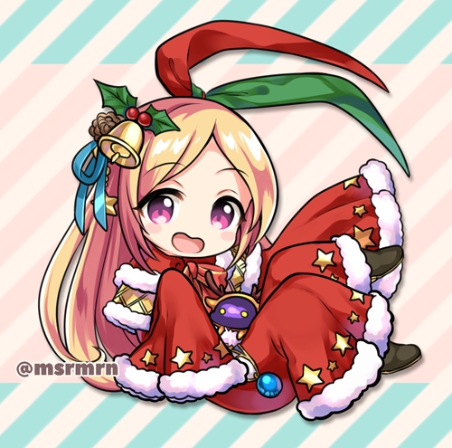 1girl :d antlers bangs bell blonde_hair blue_ribbon blush_stickers brown_footwear chibi commentary_request diagonal-striped_background diagonal_stripes dress eyebrows_visible_through_hair forehead full_body fur-trimmed_dress fur-trimmed_sleeves fur_trim green_ribbon hair_bell hair_ornament hair_ribbon long_hair long_sleeves looking_at_viewer lowres marshmallow_mille monster_strike open_mouth pandora_(monster_strike) parted_bangs red_dress red_eyes red_ribbon reindeer_antlers ribbon sleeves_past_fingers sleeves_past_wrists smile solo star striped striped_background twitter_username very_long_hair wide_sleeves