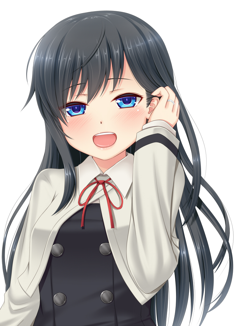 1girl :d asashio_(kantai_collection) bangs black_dress black_hair blue_eyes blush buttons commentary double-breasted dress eyebrows_visible_through_hair eyes_visible_through_hair hair_tucking hanazome_dotera hand_up jewelry kantai_collection long_hair long_sleeves looking_at_viewer neck_ribbon open_mouth pinafore_dress red_neckwear red_ribbon remodel_(kantai_collection) revision ribbon ring simple_background smile solo upper_body wedding_band white_background