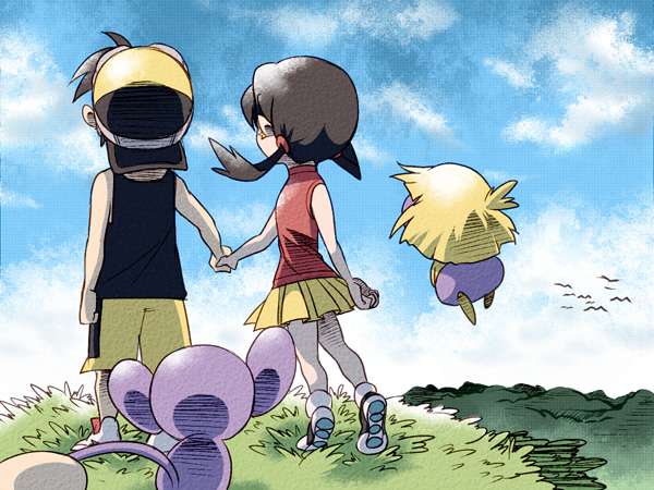 1girl aipom arm_at_side atom_(@tom) back backwards_hat baseball_cap bird black_hair cloud crystal_(pokemon) day earrings from_behind gen_2_pokemon gold_(pokemon) grass hair_tie hat holding_hands jewelry looking_back miniskirt no_hat no_headwear outdoors pleated_skirt pokemon pokemon_(creature) pokemon_special shoes shorts skirt sky sleeveless smoochum standing tank_top turtleneck twintails yellow_shorts yellow_skirt younger