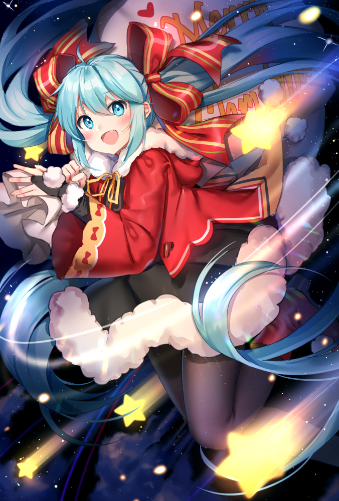 1girl :d aqua_eyes aqua_hair bangs black_legwear black_skirt blush bow bridal_gauntlets christmas commentary_request eyebrows_visible_through_hair fang fur_trim hair_bow hatsune_miku hood hood_down hooded_jacket jacket legs_up long_hair long_sleeves looking_at_viewer mamemena open_clothes open_jacket open_mouth pantyhose red_bow red_footwear red_jacket shoes sidelocks skirt smile solo star striped striped_bow twintails very_long_hair vocaloid wide_sleeves