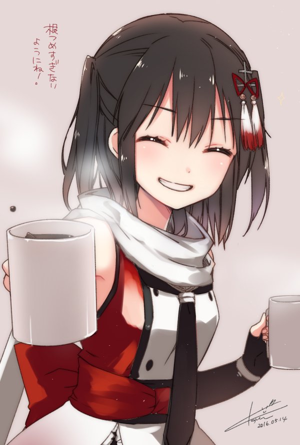 2016 ^_^ ^o^ artist_name bare_shoulders beige_background black_gloves black_neckwear blush brown_hair buttons closed_eyes coffee coffee_mug cup dated double-breasted drink eyebrows eyebrows_visible_through_hair facing_viewer fingerless_gloves giving gloves grin hair_ornament hairpin holding holding_cup kantai_collection koruri mug necktie red_shirt remodel_(kantai_collection) scarf sendai_(kantai_collection) shirt short_hair signature simple_background skirt sleeveless sleeveless_shirt smile solo steam tassel teeth translation_request two_side_up upper_body white_scarf white_skirt