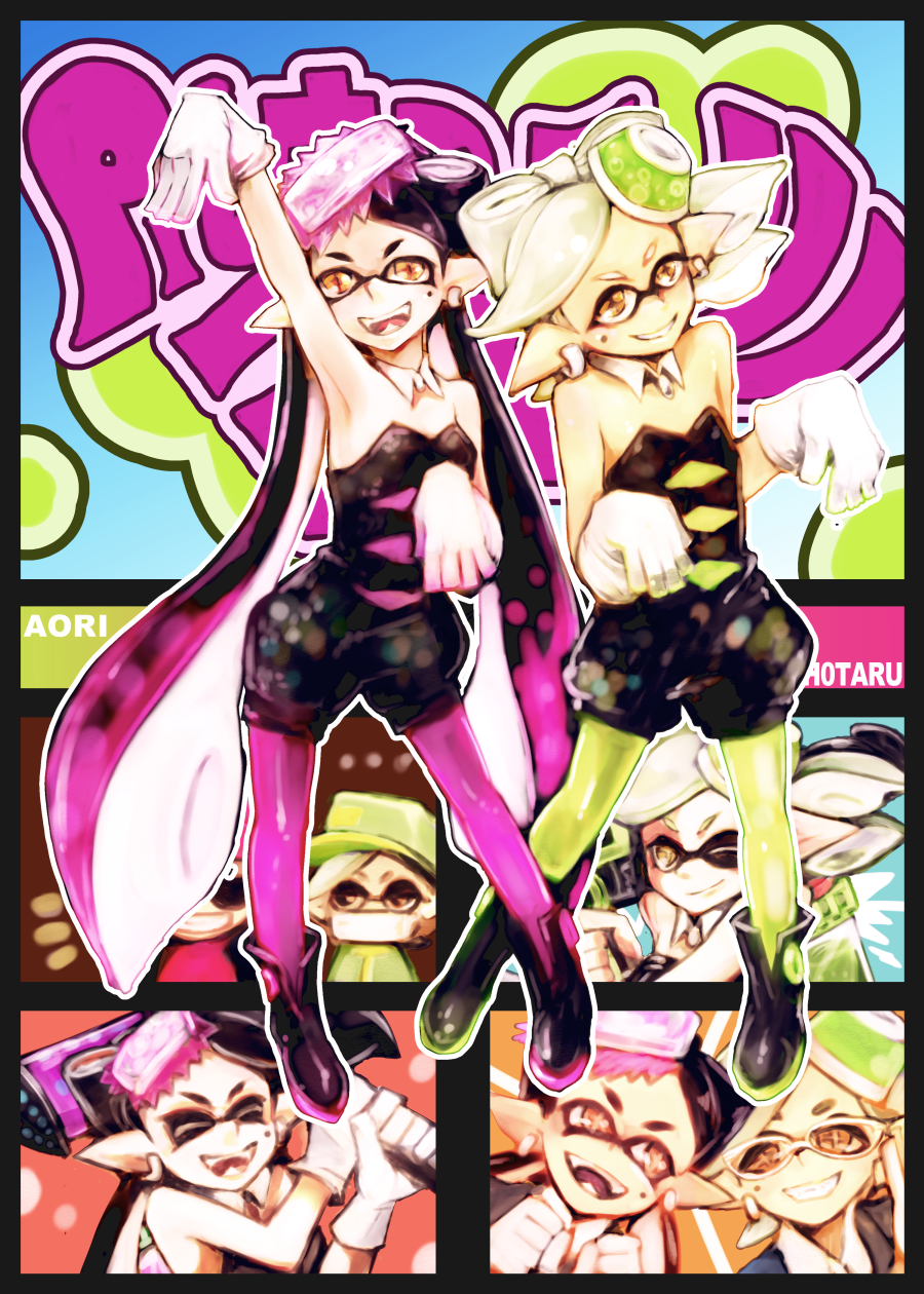 2girls ankle_boots aori_(splatoon) baseball_cap beanie bespectacled black_dress black_footwear black_hair boots brown_eyes casual character_name closed_eyes detached_collar domino_mask dress earrings face_mask fangs food food_on_head glasses gloves grey_hair grin hat hero_charger_(splatoon) hero_roller_(splatoon) highres hotaru_(splatoon) jewelry long_hair looking_at_viewer mask mineta_naoki mole mole_under_eye multiple_girls object_on_head one_eye_closed open_mouth pantyhose pointy_ears pose short_dress short_hair short_jumpsuit smile splatoon_(series) splatoon_1 squidbeak_splatoon standing strapless strapless_dress tentacle_hair white_gloves