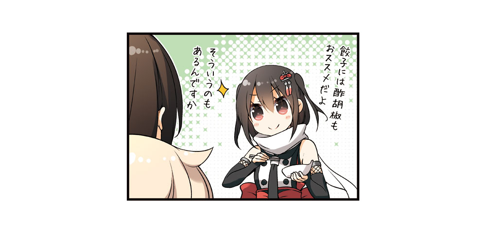 3girls black_gloves black_neckwear blonde_hair blush brown_eyes brown_hair chopsticks commentary_request elbow_gloves eyebrows_visible_through_hair fubuki_(kantai_collection) gloves hair_between_eyes holding holding_chopsticks kantai_collection long_hair multiple_girls neckerchief remodel_(kantai_collection) scarf sendai_(kantai_collection) short_hair smile sparkle translation_request two_side_up v-shaped_eyebrows white_scarf yume_no_owari yuudachi_(kantai_collection)