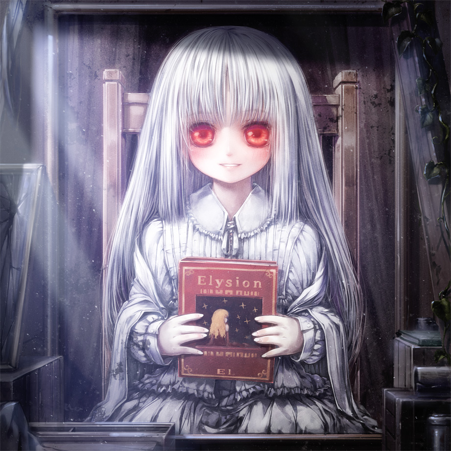 albino bangs blush book book_focus cameo chair character_print el_(sound_horizon) elysion frills holding holding_book indoors light_particles light_rays long_hair long_sleeves looking_at_viewer misaki_(kyal_001) pale_skin red_eyes sitting smile solo sound_horizon stella_(sound_horizon) upper_body victorian white_hair