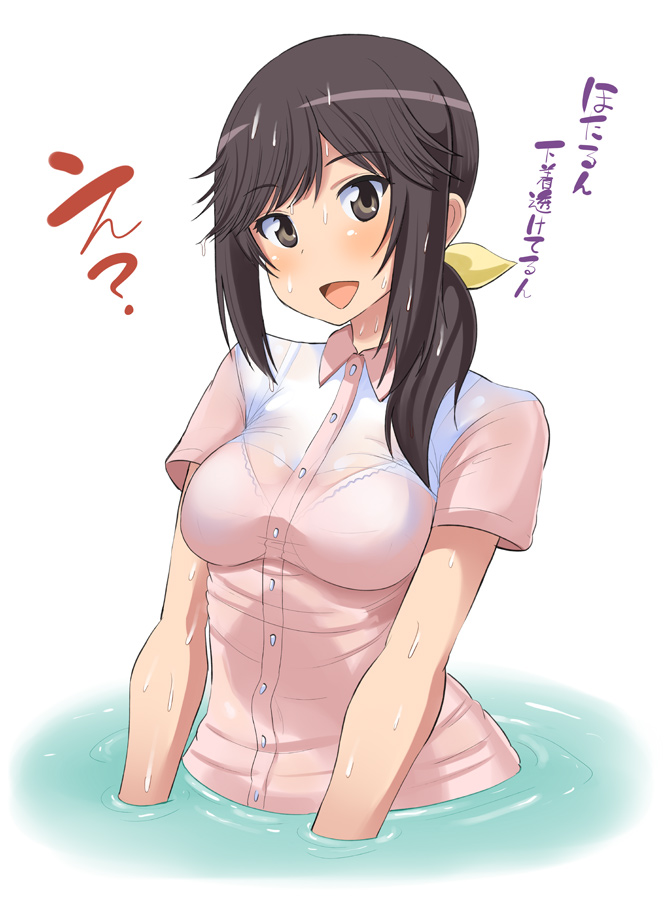 :d black_hair blush bra brown_eyes hair_over_shoulder hair_ribbon ichijou_hotaru long_hair looking_at_viewer non_non_biyori norakuro_nero open_mouth pink_shirt ponytail ribbon see-through shirt smile solo underwear wet wet_clothes white_bra yellow_ribbon