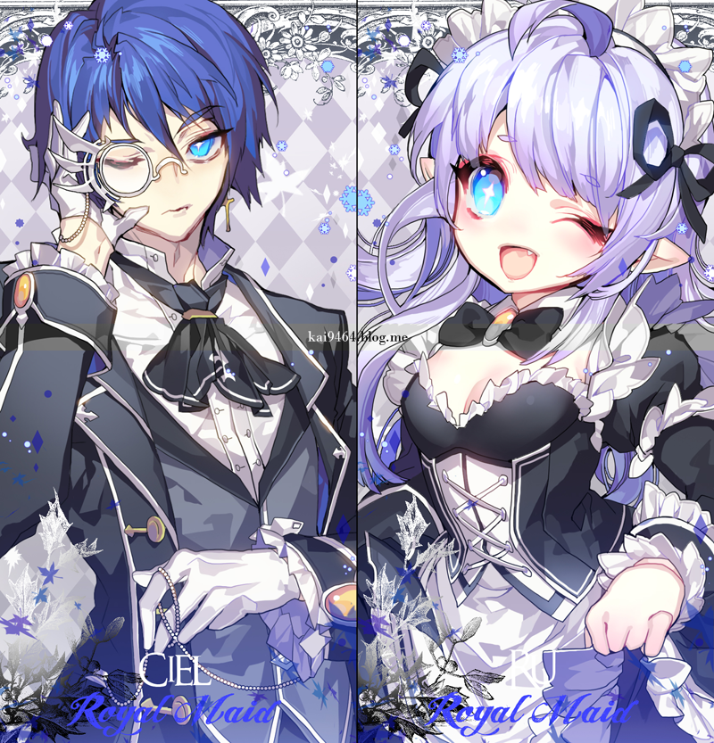 1girl ;d argyle argyle_background black_bow blue_eyes blue_hair bow bowtie butler character_name ciel_(elsword) cravat elsword expressionless formal frills gloves grey_background hair_bow long_hair looking_at_viewer luciela_r._sourcream maid maid_headdress monocle one_eye_closed open_mouth pika_(kai9464) pointy_ears smile suit upper_body watermark web_address white_gloves white_hair
