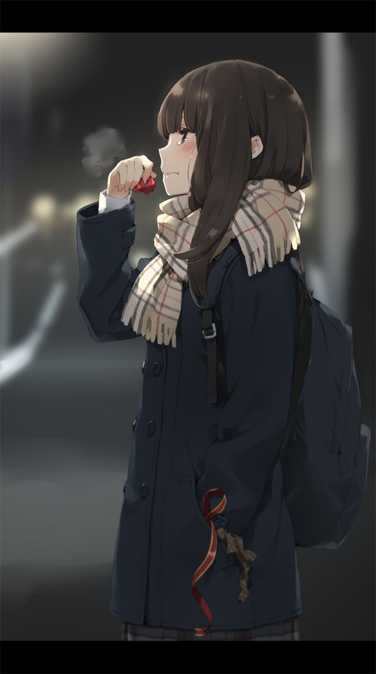 1girl backpack bag black_coat black_hair blush brown_eyes brown_scarf chocolate coat commentary_request eating grey_skirt hand_in_pocket highres long_hair original outdoors peko plaid plaid_scarf scarf skirt solo tears wrapping_paper