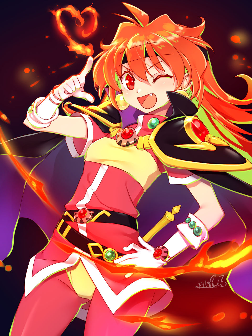 1girl ;d artist_name belt black_cape black_headband bracelet cape earrings fang fire gem gloves green_hair hand_on_hip headband heart highres jewelry lina_inverse long_hair looking_at_viewer loose_belt magic mitake_eiru one_eye_closed open_mouth pants pauldrons pointing pointing_at_viewer red_eyes red_hair red_pants red_shirt shirt short_sleeves slayers smile solo sword v-shaped_eyebrows weapon white_gloves