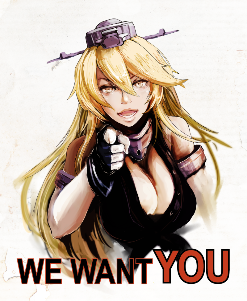bad_id bad_pixiv_id blonde_hair boushi-ya breasts cleavage elbow_gloves english fingerless_gloves gloves headgear i_want_you iowa_(kantai_collection) kantai_collection large_breasts long_hair looking_at_viewer open_mouth parody pointing pointing_at_viewer smile solo uncle_sam yellow_eyes