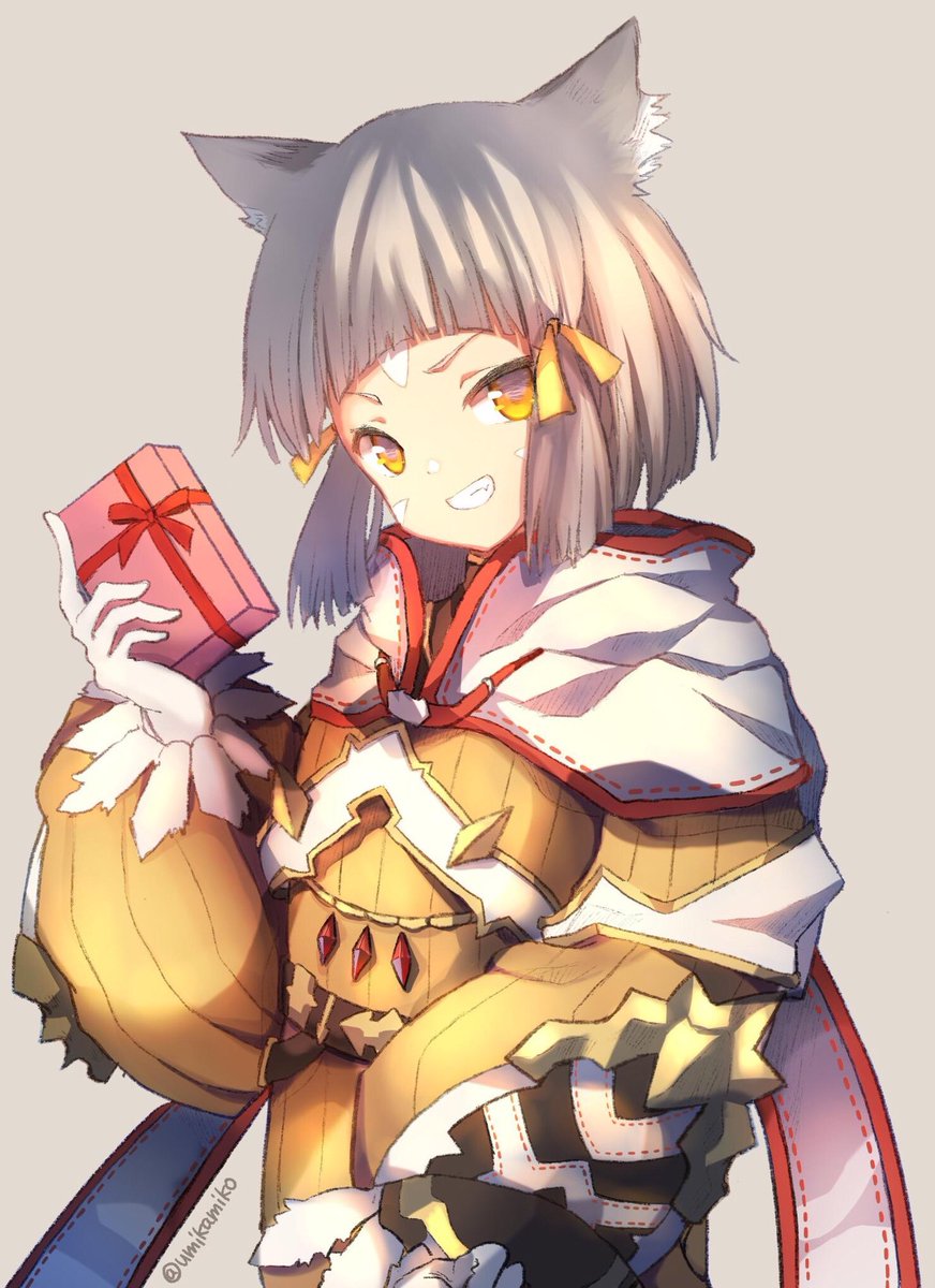 1girl animal_ear_fluff animal_ears bangs belt blunt_bangs blush bodysuit breasts cat_ears chocolate fangs gloves grey_background grey_hair hair_ornament happy highres looking_at_viewer nintendo niyah present ribbon scarf short_hair silver_hair small_breasts smile solo umikamiko valentines_day white_gloves xenoblade_(series) xenoblade_2 yellow_bodysuit yellow_eyes yellow_ribbon