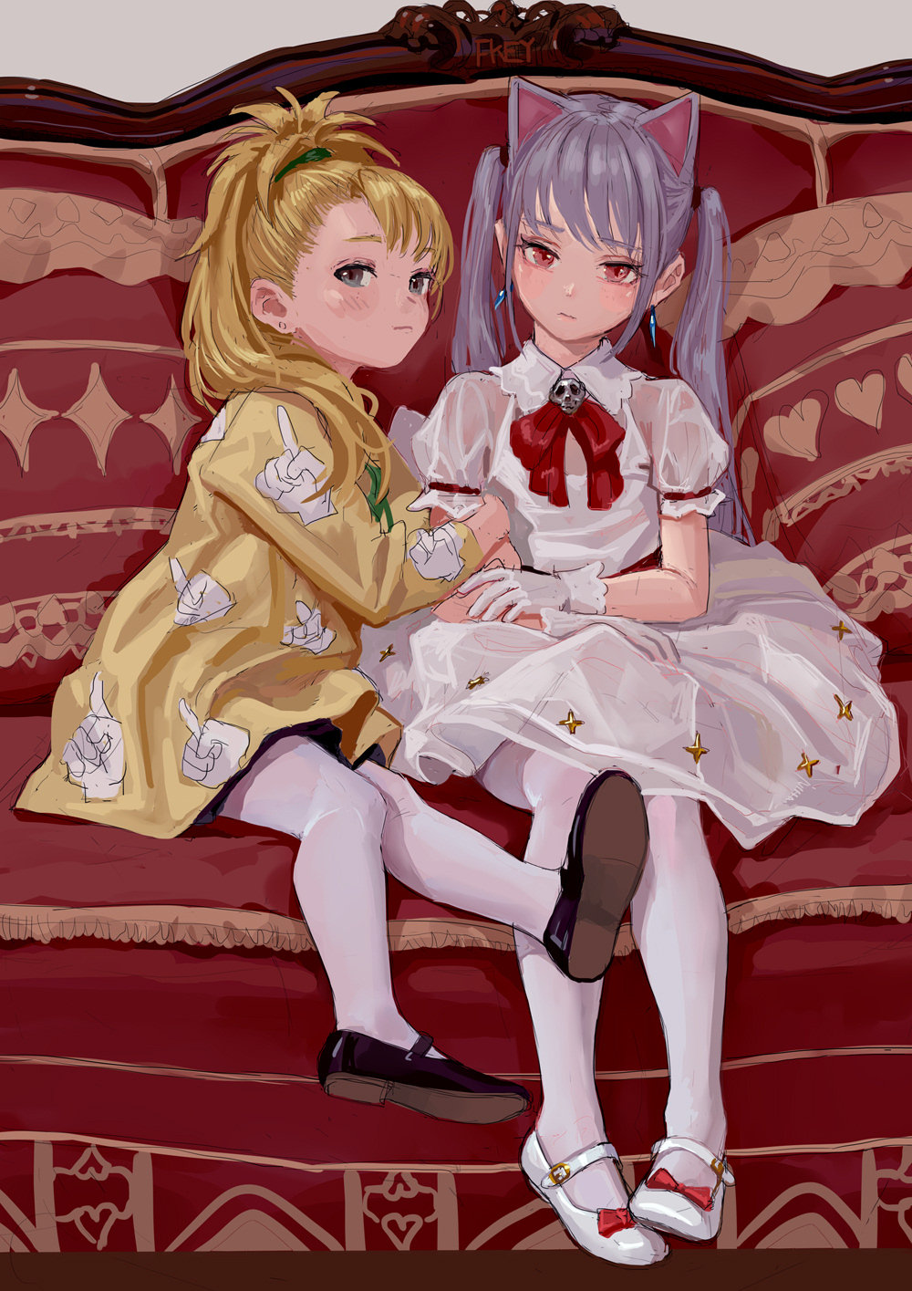 2girls animal_ears arm_hug artist_name bangs black_footwear black_legwear blonde_hair blush bow bowtie brooch cat_ears chinese_commentary commentary_request couch dress earrings eyebrows_visible_through_hair fkey full_body gloves grey_background grey_eyes hand_print head_tilt highres jacket jewelry long_hair long_sleeves looking_at_viewer mary_janes multiple_girls original pantyhose ponytail puffy_short_sleeves puffy_sleeves red_bow red_eyes red_neckwear shoes short_sleeves sidelocks signature silver_hair simple_background skull twintails white_dress white_footwear white_gloves white_legwear yellow_jacket