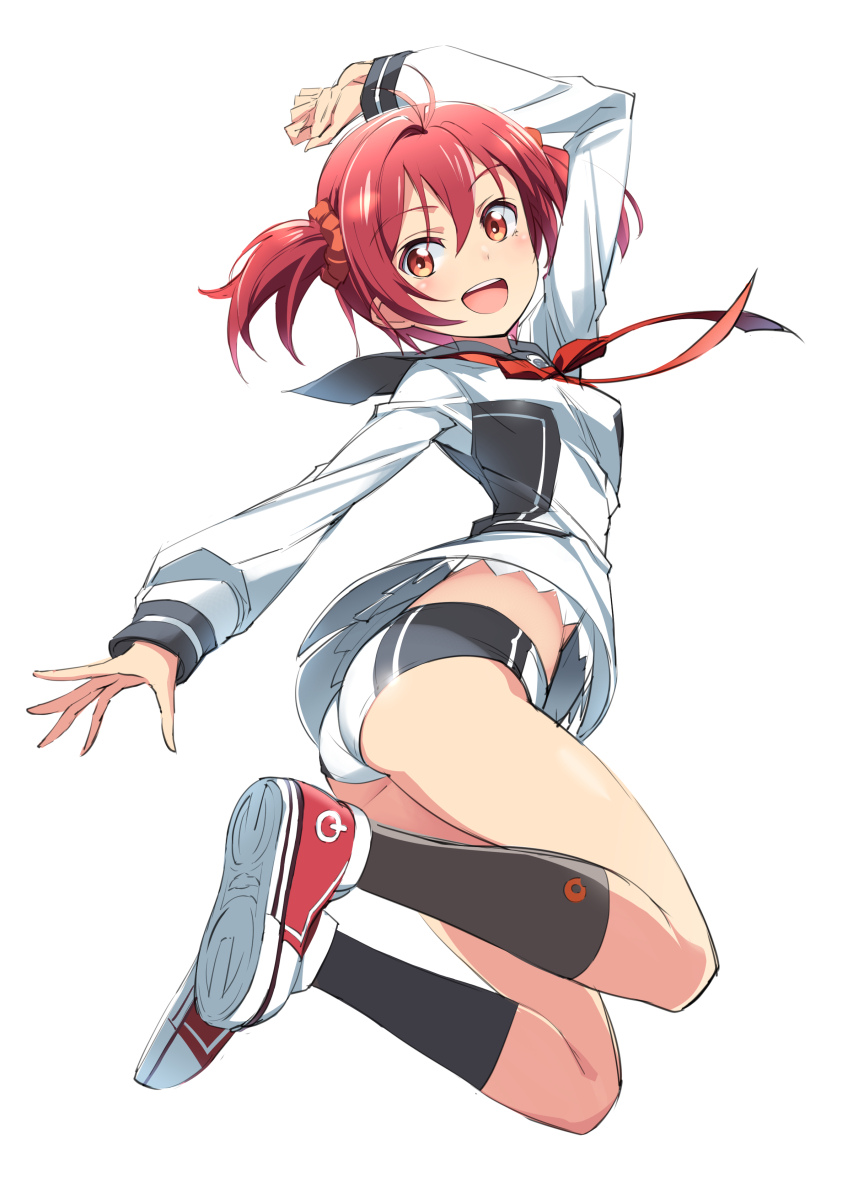 :d antenna_hair arm_up ass black_legwear blush breasts from_behind full_body hair_ornament hair_scrunchie highres isshiki_akane jumping kneehighs long_sleeves looking_at_viewer looking_back michairu national_shin_ooshima_school_uniform open_mouth red_eyes red_hair school_uniform scrunchie shirt shoes short_hair short_shorts short_twintails shorts simple_background small_breasts smile solo twintails upshirt vividred_operation white_background white_footwear white_shirt white_shorts