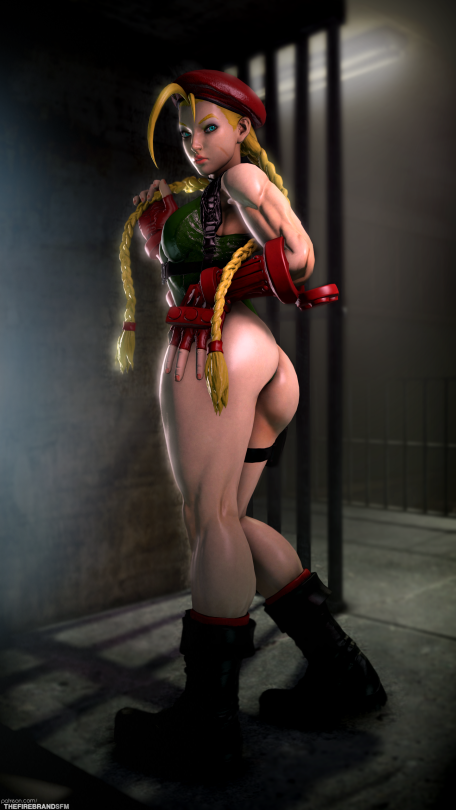 3d ass beret blonde_hair blue_eyes boots braid cammy_white fingerless_gloves gloves hand_on_hip leotard lips looking_at_viewer looking_back muscles redmoa solo street_fighter thigh_strap thong_leotard twin_braids