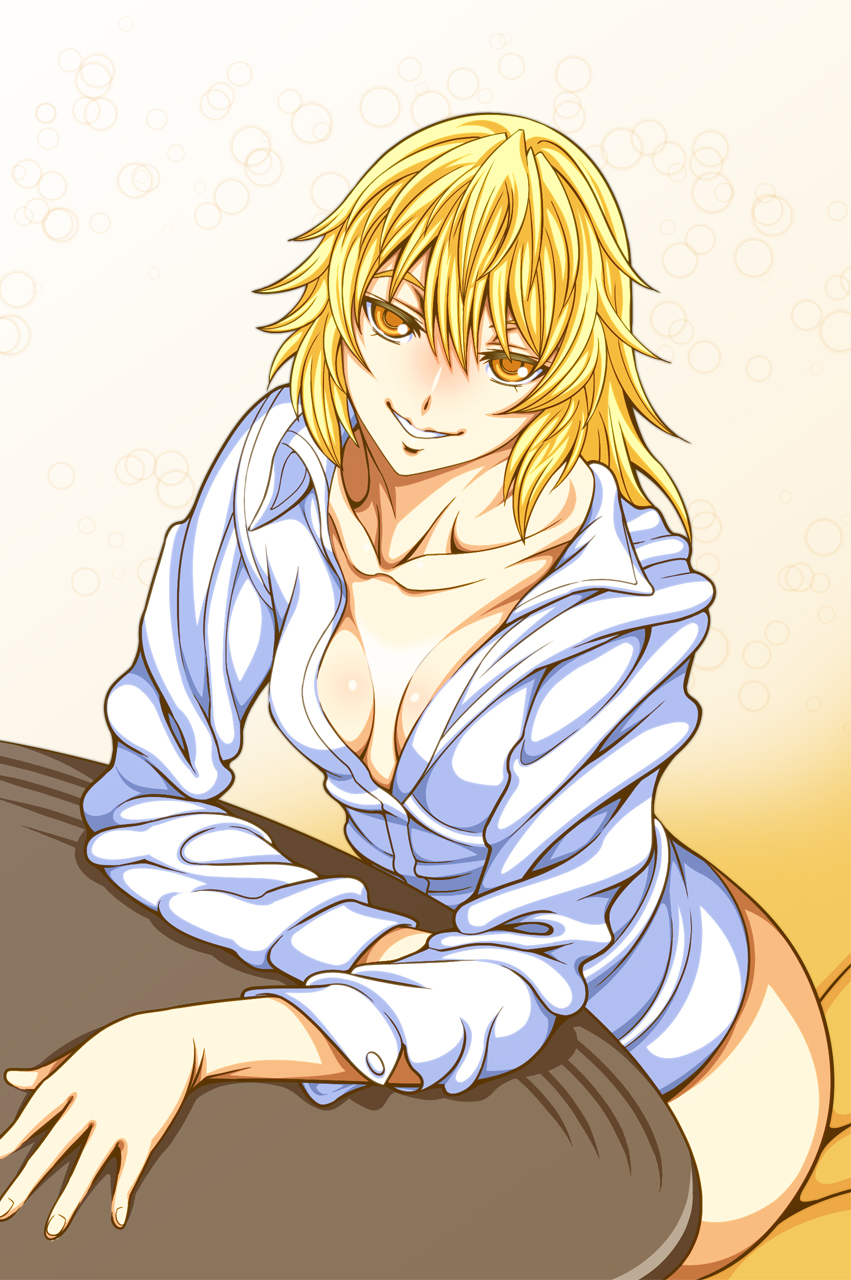 bad_id bad_pixiv_id blonde_hair blush bottomless breasts cleavage commentary_request ginnyo highres kanbi_marisa kirisame_marisa looking_at_viewer naked_shirt no_bra open_clothes shirt short_hair small_breasts smile solo table touhou white_shirt yellow_eyes