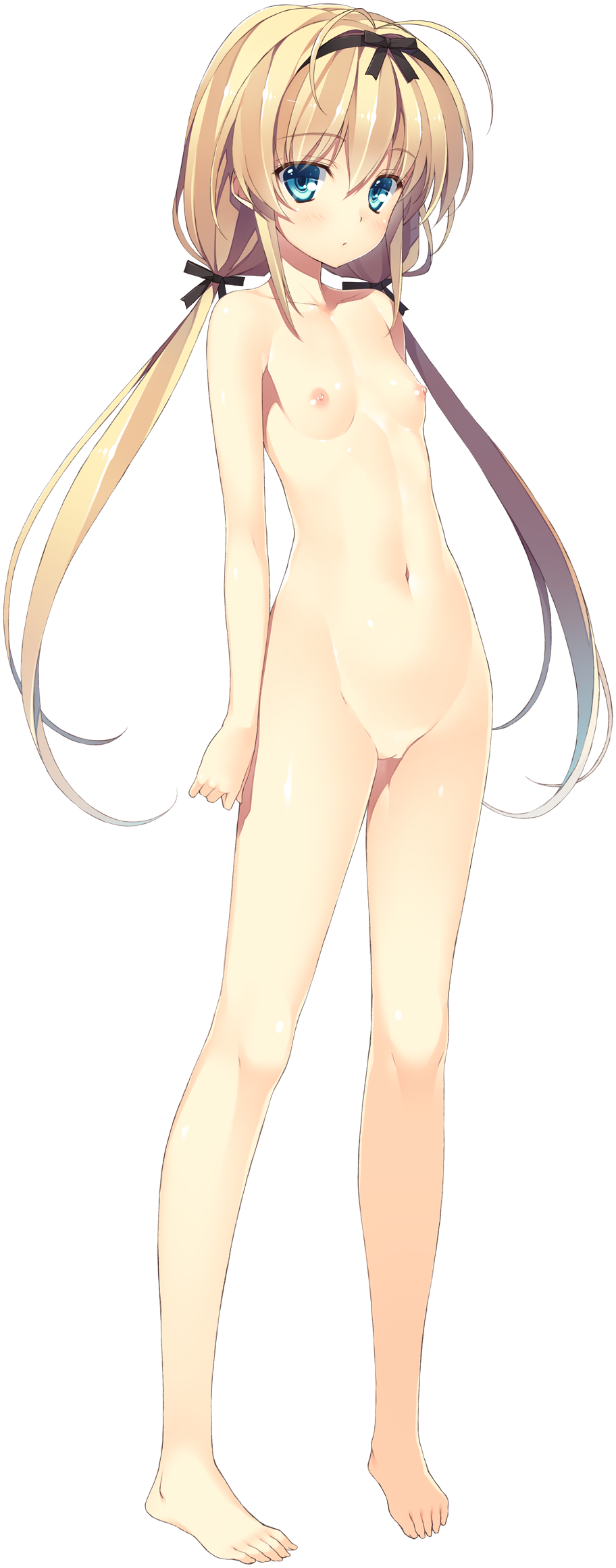 barefoot blonde_hair blue_eyes breasts full_body hair_ribbon highres juukishi_cutie_bullet low_twintails navel nipples nude pussy ribbon sara_tefal small_breasts solo standing transparent_background twintails yuuki_hagure