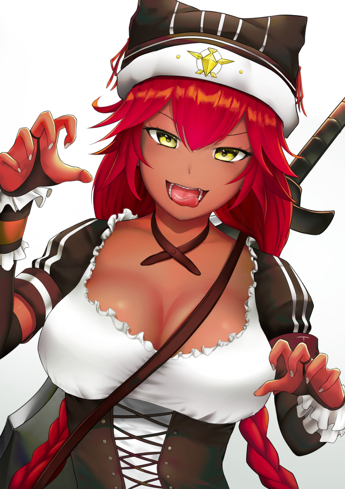 1girl bangs braid breasts claw_pose cleavage dark_skin dress eta37 hair_between_eyes hat large_breasts long_hair long_sleeves looking_at_viewer lupusregina_beta maid overlord_(maruyama) red_hair simple_background smile solo sword tongue tongue_out twin_braids weapon yellow_eyes