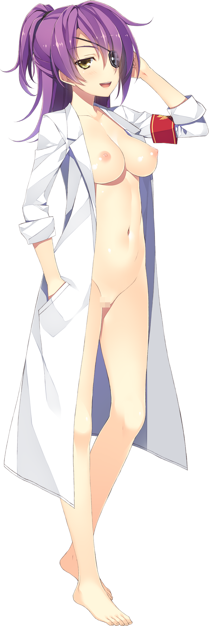 absurdres bare_legs barefoot breasts breasts_outside censored eyepatch full_body game_cg hands_in_pockets highres juukishi_cutie_bullet kawasaki_maiko labcoat medium_breasts mosaic_censoring naked_labcoat navel nipples ponytail purple_hair solo transparent_background yellow_eyes yuuki_hagure