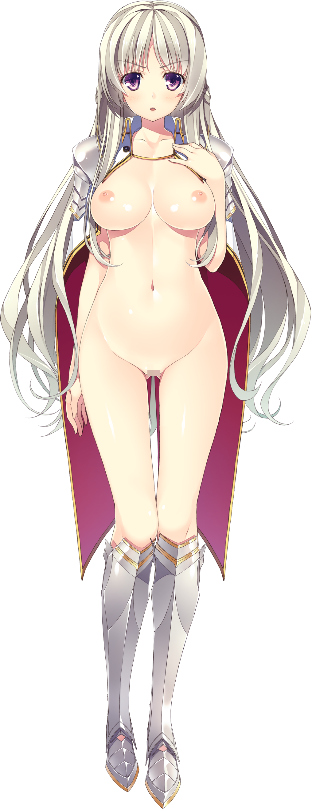 absurdres armor armored_boots boots breasts breasts_outside censored full_body game_cg highres juukishi_cutie_bullet large_breasts long_hair mosaic_censoring navel nipples nude purple_eyes reina_de_medishi silver_hair solo transparent_background yuuki_hagure