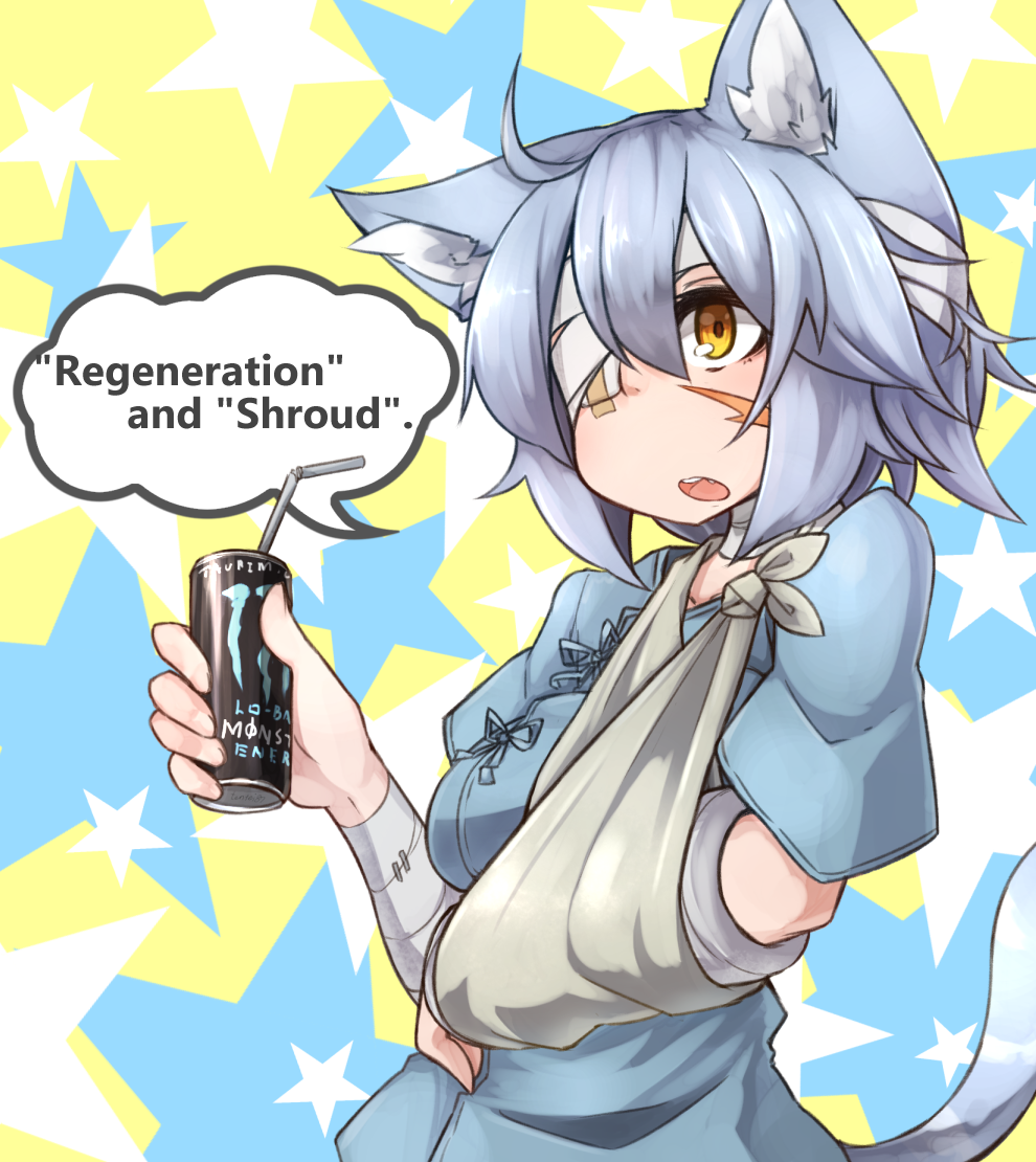 animal_ears arm_sling bandaged_arm bandaged_head bandaged_neck bandages blue_hair blush broken_arm cast cat_ears cat_tail commentary drink energy_drink english eyepatch facial_scar fang hospital_gown injury monster_energy orange_eyes original ryota_tentei scar short_hair sling solo star starry_background tail tora_tentei wrist_wrap