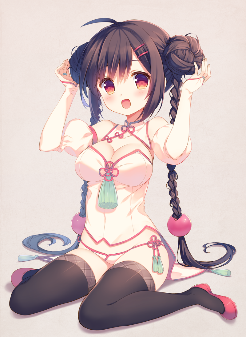 :d ahoge bangs bare_shoulders black_hair black_legwear braid breasts bridal_gauntlets chinese_clothes cleavage collarbone detached_sleeves double_bun eyebrows eyebrows_visible_through_hair full_body hair_between_eyes hair_ornament hairclip hands_up jewelry large_breasts long_hair open_mouth original panties plaid puffy_sleeves red_eyes red_footwear ring shoes side-tie_panties simple_background sitting smile solo sphere tassel thighhighs twin_braids twintails underwear very_long_hair wariza yamcha_(cocololi)