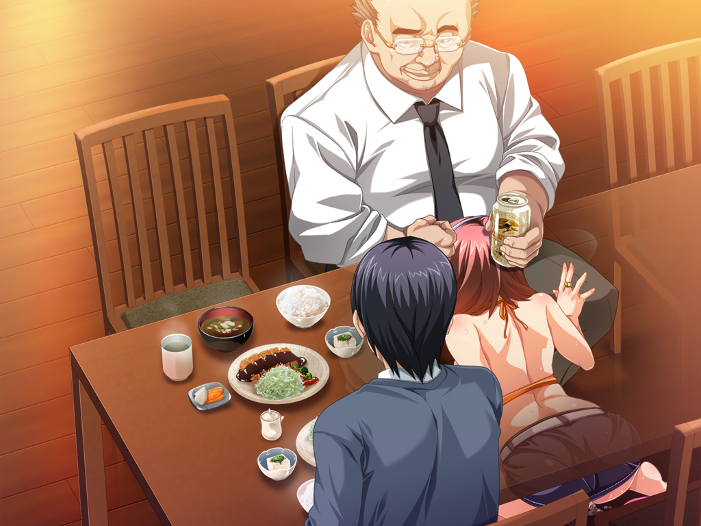 2boys arched_back ass back bare_arms bare_legs bare_shoulders beer belt black_skirt brown_hair can chair cheating cup fellatio fish food game_cg glasses hairband highres indoors kedamono-tachi_no_sumu_ie_de kneeling legs looking_at_another miniskirt multiple_boys netorare oral pin-point pussy_juice rice ring short_hair sitting skirt spread_legs stealth_sex sweat table takeda_hiromitsu thighs under_table wedding_ring wet wooden_floor x-ray