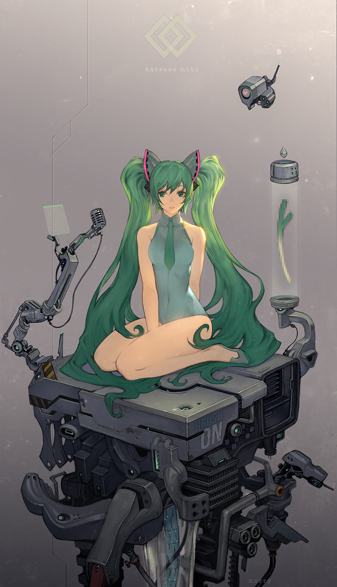 bad_id bad_pixiv_id green_eyes green_hair hatsune_miku highres holographic_monitor long_hair microphone na_in-sung necktie no_legwear pixelated platform security_camera shoes sitting solo spring_onion twintails very_long_hair vocaloid