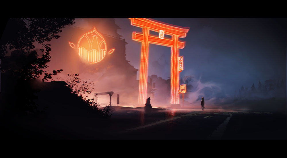 ambiguous_gender building glowing neon_trim night night_sky open_sign original outdoors rias-coast road sign sky solo standing statue torii translation_request