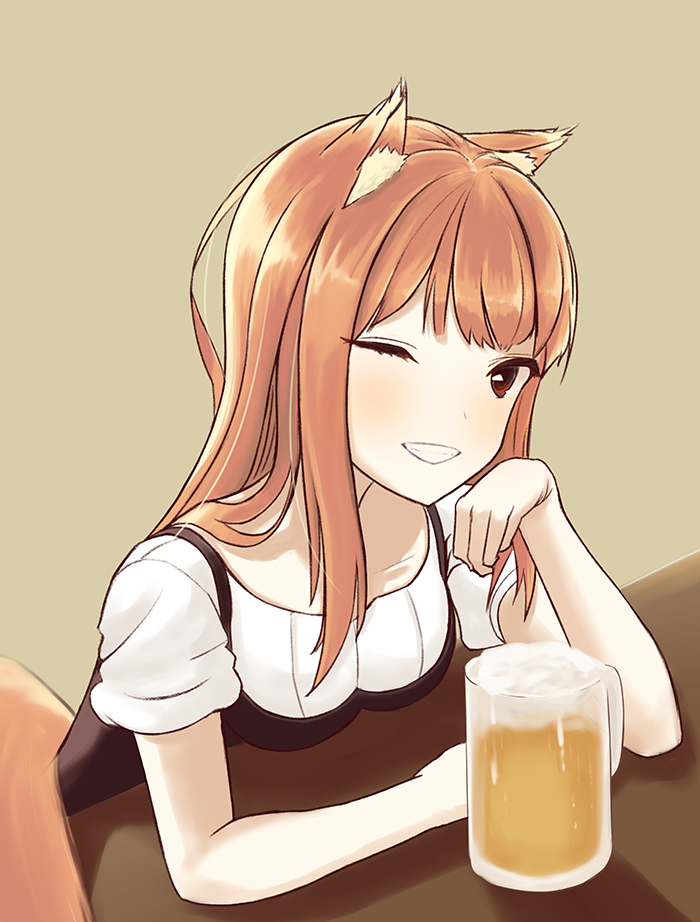 alcohol animal_ears beer bodice brown_background brown_eyes brown_hair collarbone holo kela long_hair looking_at_viewer one_eye_closed solo spice_and_wolf tail wolf_ears wolf_tail