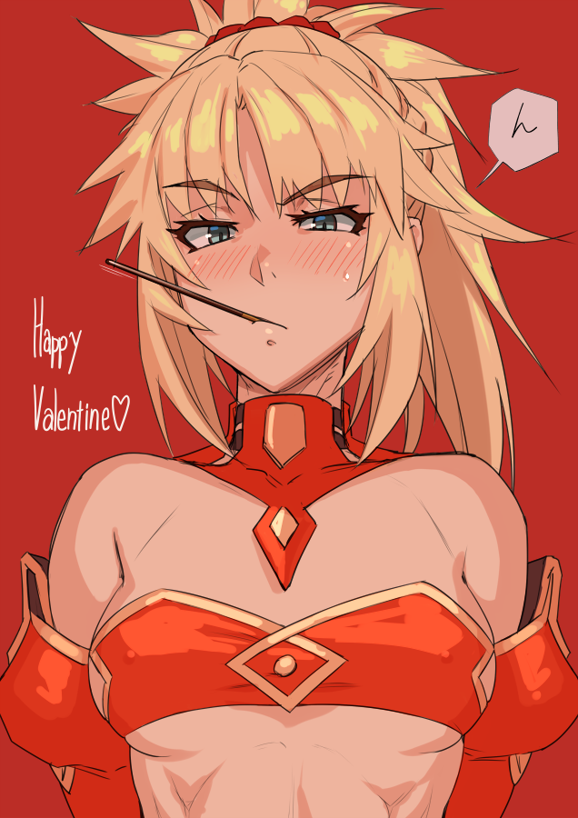 1girl bandeau blonde_hair blush braid breasts chocolate erect_nipples fate/apocrypha fate_(series) french_braid green_eyes hair_ornament hair_scrunchie long_hair looking_at_viewer medium_breasts mikoyan mordred_(fate) mordred_(fate)_(all) mouth_hold muscle muscular_female ponytail red_scrunchie scrunchie shiny shiny_hair shiny_skin solo valentine