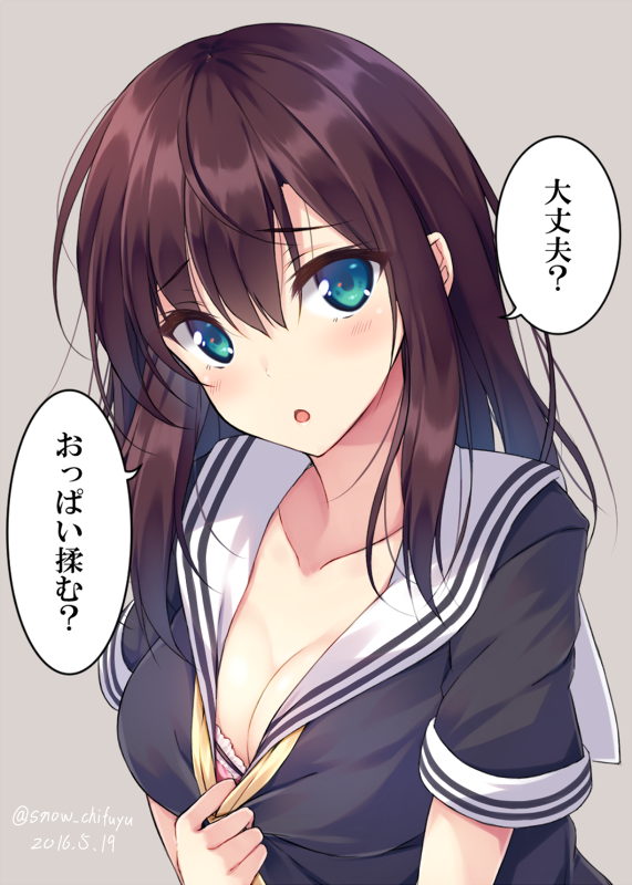 aqua_eyes blush bra breasts brown_hair character_request cleavage collarbone commentary_request copyright_request daijoubu?_oppai_momu? dated eyebrows eyebrows_visible_through_hair grey_background long_hair medium_breasts open_mouth pulled_by_self school_uniform sena_chifuyu shirt_pull simple_background solo speech_bubble translated tsurime twitter_username underwear upper_body