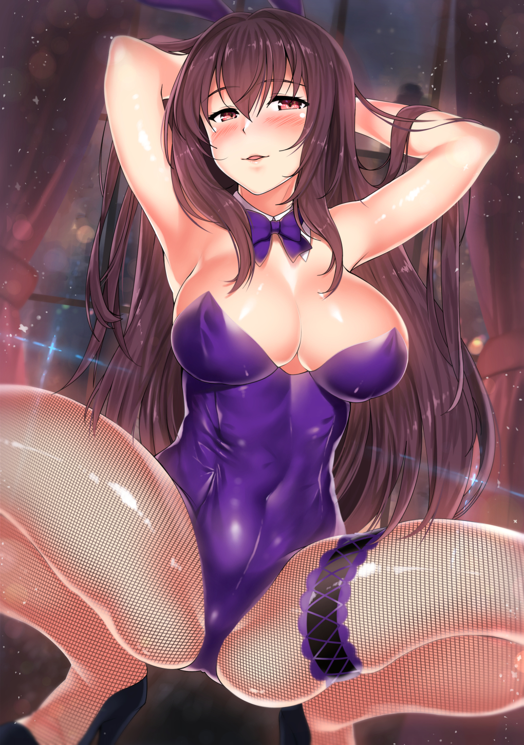 1girl animal_ears armpits arms_behind_head arms_up ass bangs bare_shoulders blush bow bowtie breasts bunny_ears bunny_girl bunnysuit cleavage collarbone covered_navel detached_collar fate/grand_order fate_(series) fishnet_pantyhose fishnets hair_between_eyes highres kawai large_breasts leg_garter leotard long_hair looking_at_viewer pantyhose parted_lips purple_hair purple_leotard purple_neckwear red_eyes scathach_(fate)_(all) scathach_(fate/grand_order) smile solo spread_legs squatting thighs wrist_cuffs