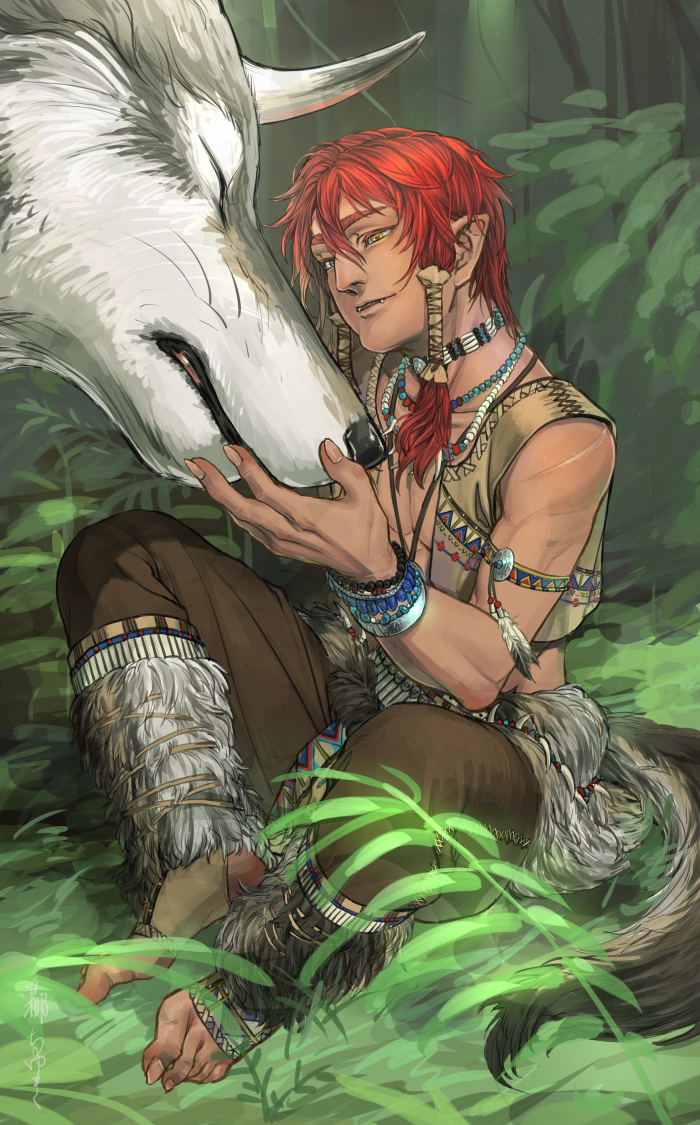 bare_chest bead_bracelet bead_necklace beads bracelet fangs fur_trim grass hair_tubes horn jewelry male_focus muscle necklace nose original pointy_ears red_hair shiranagi_chiyuki sitting tail twintails vest wolf wolf_tail yellow_eyes