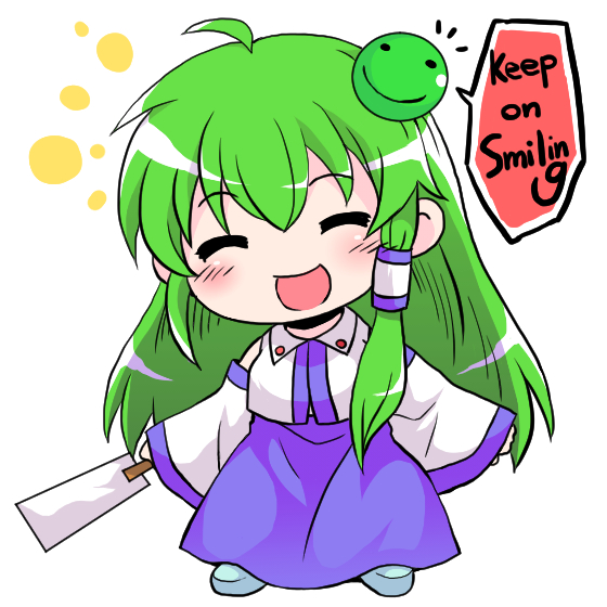 :d ^_^ alternate_hair_ornament aoi_tobira armored_core armored_core_4 blush chibi closed_eyes color_connection detached_sleeves english gohei green_hair hair_tubes head_tilt kochiya_sanae long_hair may_greenfield open_mouth parody smile solo touhou