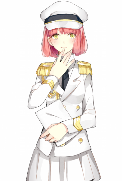 aiguillette black_neckwear double-breasted epaulettes formal hand_on_own_chin hat holding holding_paper military military_hat military_uniform nanami_haruka necktie paper pink_hair pleated_skirt prin_dog skirt skirt_suit smile solo suit uniform uta_no_prince-sama white_suit yellow_eyes