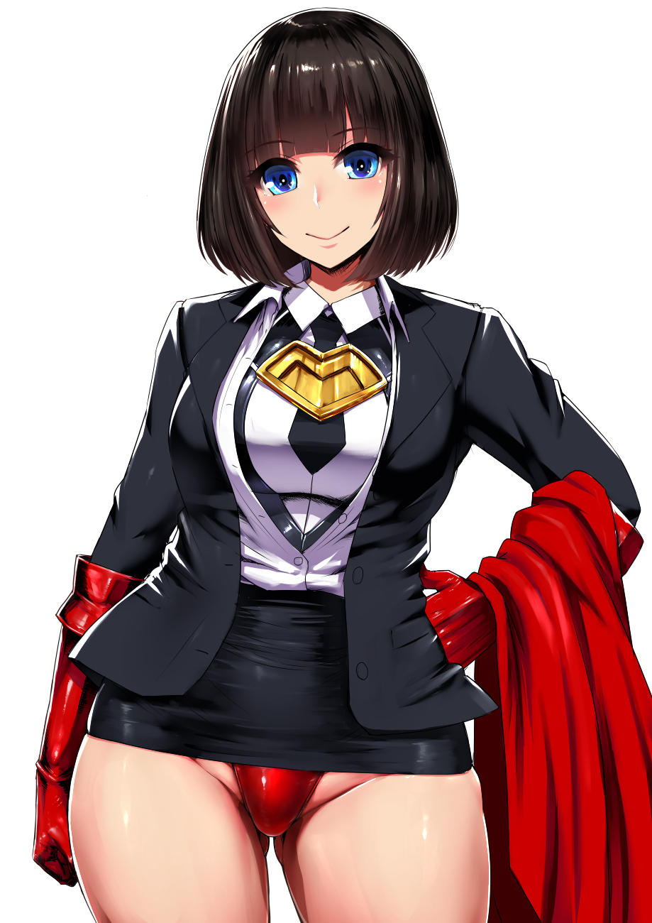1girl arm_at_side bangs black_hair black_jacket black_neckwear black_skirt blue_eyes blunt_bangs blush breasts cape cape_removed closed_mouth collared_shirt cowboy_shot dress_shirt elbow_gloves eyebrows_visible_through_hair gloves gluteal_fold groin hand_on_hip highres ishimiso_(ishimura) jacket leotard_under_clothes long_sleeves looking_at_viewer medium_breasts miniskirt necktie open_clothes open_jacket original partially_unbuttoned pencil_skirt red_cape red_gloves shirt short_hair simple_background skirt smile solo superhero white_background white_shirt wing_collar