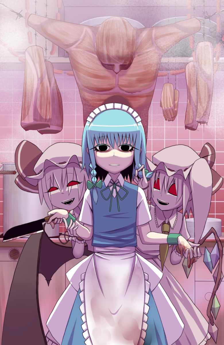 apron ascot banned_artist black_eyes blood blood_drip bloody_clothes bloody_hands blue_dress braid commentary_request cooking crystal disembodied_limb dress empty_eyes exposed_muscle eyeshadow fangs flandre_scarlet food guro hanging hat highres holding_hands izayoi_sakuya kitchen knife maid maid_headdress makeup meat mob_cap multiple_girls okahi plate pot red_eyes remilia_scarlet sausage side_ponytail smile source_request steam touhou wire
