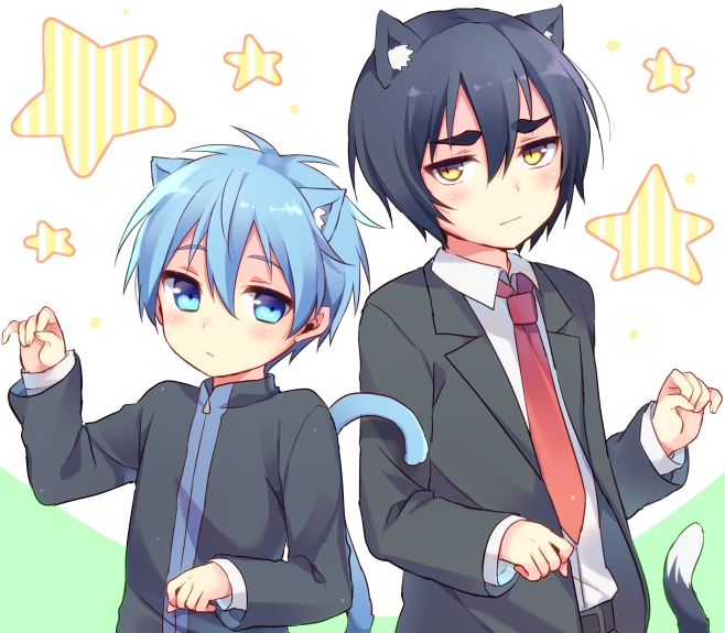 animal_ears black_hair blue_eyes blue_hair blush cat_ears cat_tail closed_mouth embarrassed formal hanamiya_makoto kemonomimi_mode kuroko_no_basuke kuroko_tetsuya looking_at_viewer male_focus multiple_boys necktie paw_pose poooka school_uniform slit_pupils star suit tail yellow_eyes