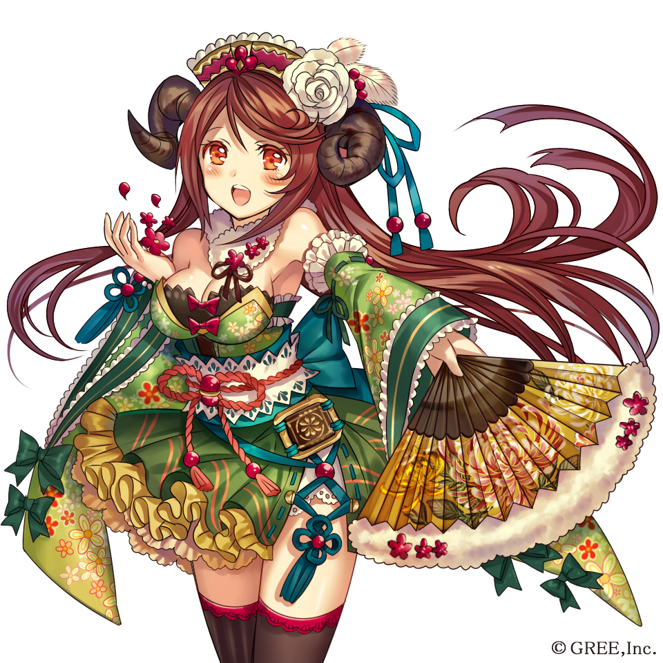 bangs bare_shoulders blush bow breasts brown_hair cleavage company_name detached_sleeves dress fan feathers flower folding_fan frilled_dress frills hair_flower hair_ornament hair_ribbon headdress holding holding_fan horns kaizoku_ookoku_koronbusu long_hair looking_at_viewer madogawa medium_breasts official_art open_mouth orange_eyes original outstretched_arm ribbon sheep_horns sidelocks simple_background solo thighhighs white_background wide_sleeves