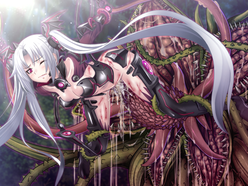 armor arms_behind_back blush bruise closed_mouth divine_heart_karen_~sennou_no_wana~kantsui female game_cg head_wings injury kurusu_aria long_hair one_eye_closed pink_eyes plant portion rape restrained solo sunbeam suspension tentacle thorn twintails very_long_hair white_hair wings wounded