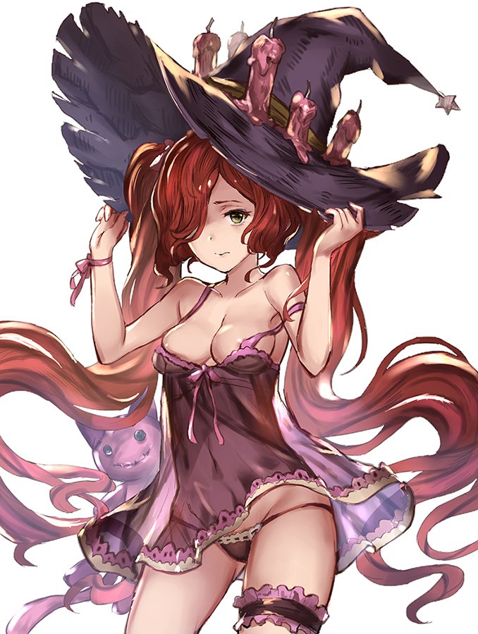 77gl anna_(granblue_fantasy) areolae babydoll candle granblue_fantasy hair_over_one_eye hat leg_garter lingerie long_hair panties red_hair see-through solo stuffed_animal stuffed_cat stuffed_toy underwear very_long_hair witch_hat